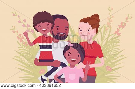 Multicultural Happy Family, Parents And Kids Of Different Race, Culture. Father, Mother, Son, Daught