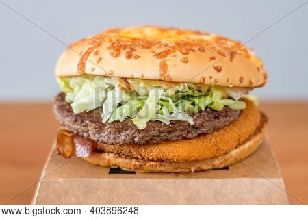 Pruszcz Gdanski, Poland - January 17, 2021: Mcdonald's Lumberjack Sandwich (polish: Kanapka Drwala).