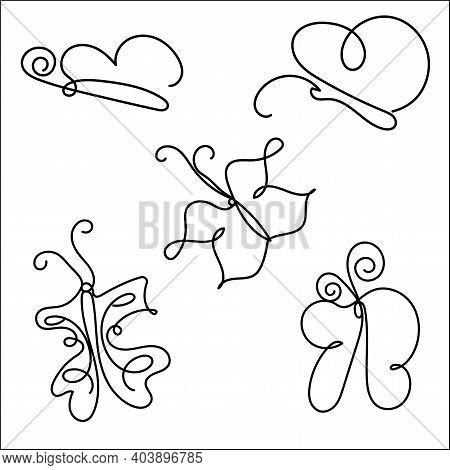 Set Of Line Art Butterflies. Trendy Outline Style. Vector Illustration Isolated On White Background.