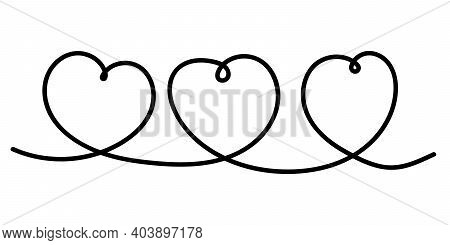 Set Of Three Hearts By One Continuous Line. Love Concept Design Element For Wedding, Mothers Day, Va