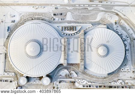 Top View In Winter Of A Modern Sports Complex With Parking In Minsk. Belarus