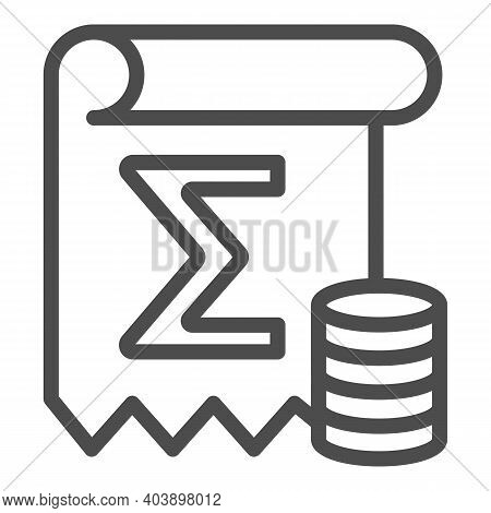 Coin Summary Line Icon, Black Bookkeeping Concept, Finance Calculation Sign On White Background, Boo