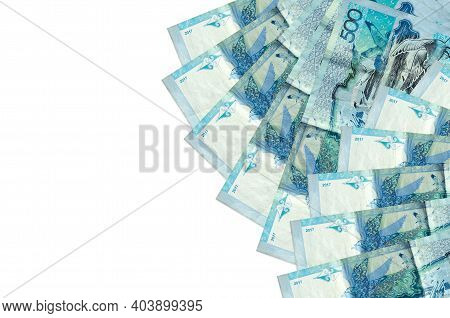 500 Kazakhstani Tenge Bills Lies Isolated On White Background With Copy Space. Rich Life Conceptual 