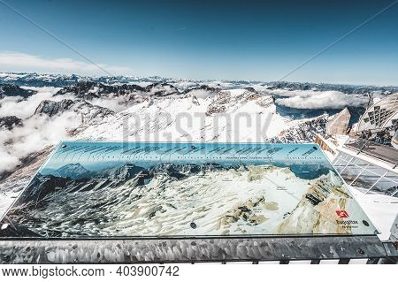 Zugspitze, Germany - Aug 5, 2020: Viewer Map At Observation Deck Viewpoint