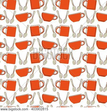 Seamless Pattern Of Mugs And Cups With Spoons