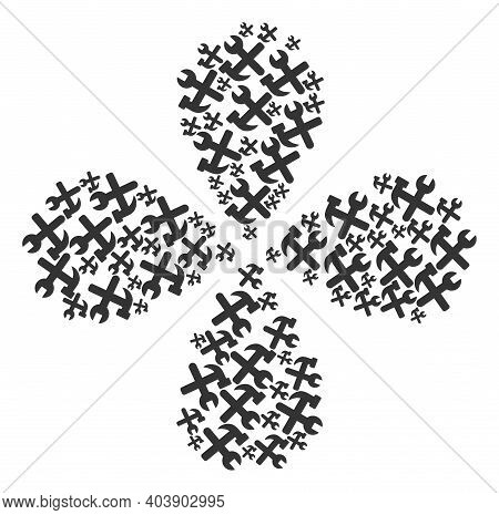 Hammer And Wrench Twirl Flower With Four Petals. Object Twirl Designed From Oriented Hammer And Wren