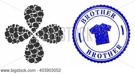 Man Profile Swirl Abstract Flower, And Blue Round Brother Rubber Badge With Icon Inside. Object Flow