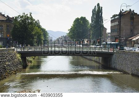 Sarajevo, Bosnia And Herzegovina - 12 July 2017 : Miljacka River Passe Through The Town