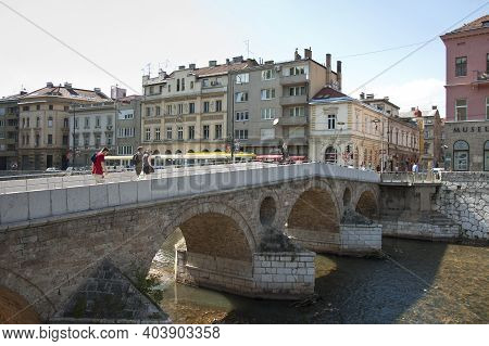Sarajevo, Bosnia And Herzegovina - 12 July 2017 : Latin Bridge Over Miljacka River