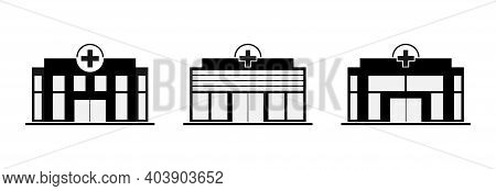 Hospital In Different Styles, Black Icon On A White Background.