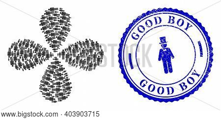 Man Figure Rotation Flower Shape, And Blue Round Good Boy Rubber Print With Icon Inside. Element Cur