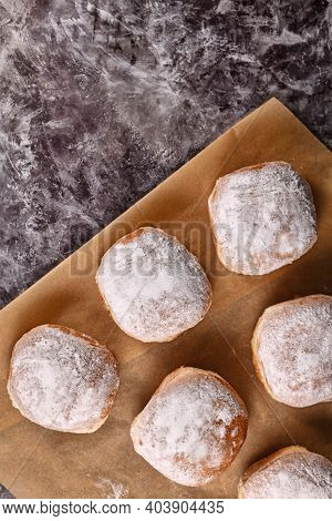 Top View Of  A Traditional German Donut Like Dessert Called Berliner Pfannkuchen Filled With Jam Mad