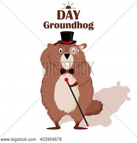 Happy Groundhog Day. Design With Cute Groundhog Character In Hat With Bow Tie.