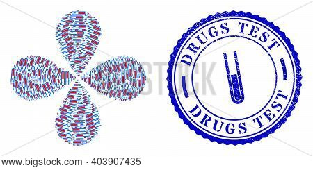 Blood Test Tube Curl Flower With Four Petals, And Blue Round Drugs Test Grunge Seal With Icon Inside