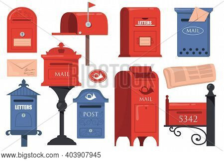 Traditional English Letterboxes Set. Red And Blue Vintage Mailboxes, Old Postboxes With Letters Isol