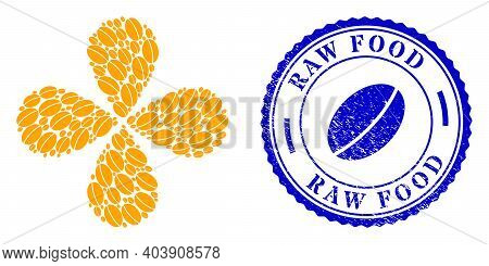 Wheet Seed Explosion Twist, And Blue Round Raw Food Scratched Seal With Icon Inside. Object Flower W