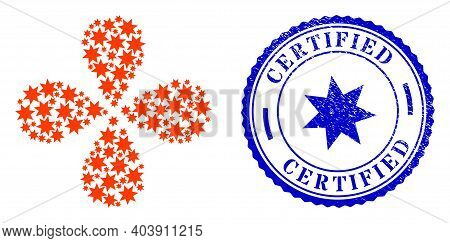 Seven Pointed Star Curl Spin, And Blue Round Certified Rubber Badge With Icon Inside. Object Curl Co