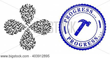 Hammer Tool Explosion Flower With Four Petals, And Blue Round Progress... Corroded Stamp Print With 