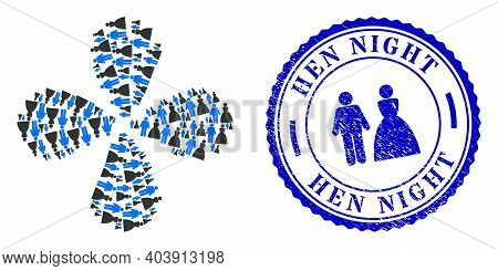 Wedding Couple Twirl Flower Cluster, And Blue Round Hen Night Dirty Stamp Imitation With Icon Inside
