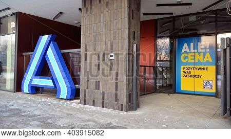 Warsaw, Poland. 18 January 2021. Aldi Grocery Store Sign. Aldi Is Is A Global Discount Supermarket C