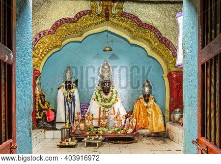 Hampi, Karnataka, India - November 5, 2013: Malyavanta Raghunatha Temple. Idols In Inner Sanctum Wit