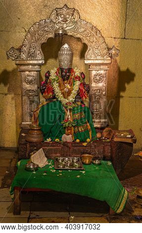 Hampi, Karnataka, India - November 5, 2013: Malyavanta Raghunatha Temple. Closeup Of Goddess Lakshmi