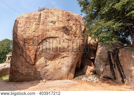 Hampi, Karnataka, India - November 5, 2013: Malyavanta Raghunatha Temple. Cave In Brown Stone Boulde
