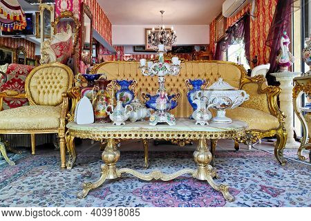 Skopje, North Macedonia - May 16 2019: Various Twentieth Century Antiques For Sale In An Antique Sho
