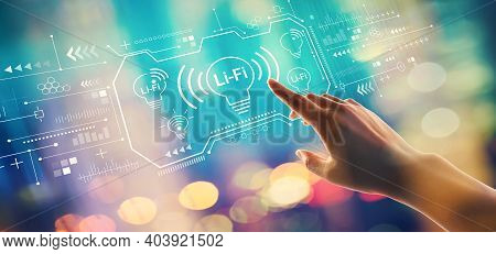 Lifi Theme With Hand Pressing A Button On A Technology Screen