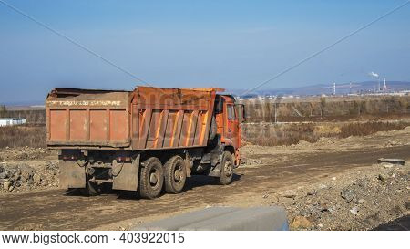 Kazakhstan, Ust-kamenogorsk - 15 October, 2020. Dump Truck Kamaz On The Road.