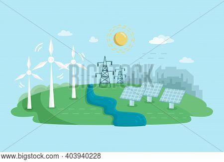 Alternative Clean Energy Concept With Wind Turbines And Solar Panels. Renewable Power Sources With W