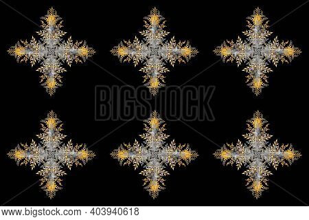 Snowflake With Silver And Gray Vintage Elements. Vintage. Leaves. Pattern. Branch. Christmas. Pano P