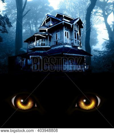 Haunted house in night forest. Old abandoned house and burning yellow monster eyes and mysterious landscape of foggy forest. Scary colonial cottage in mysterious forestland. Photo toned in blue color