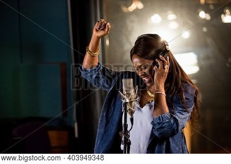 Waje Nigerian Singer Recording Vocal Part On Afro-pop Song In Studio