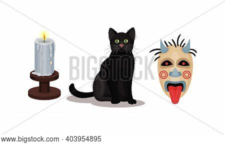 Fortune Telling Objects With Black Cat And Candle Vector Set