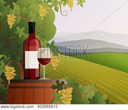 Wine And Vineyard Concept With Mountains And Hills Gradient Flat Vector Illustration