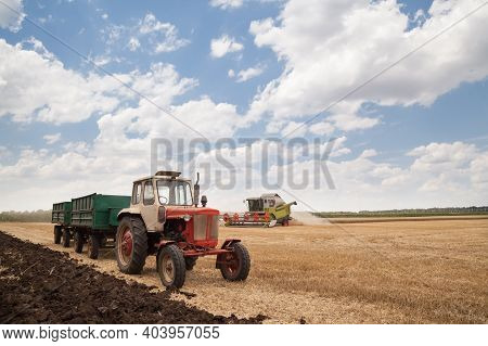 Old Russion Tractor With Trailers And Combine Harvester Harvesting Wheat On Field