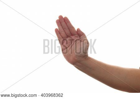 Hand Of A Person Slapping Or Hitting With Palm Karate Gesture, Isolated On White Background