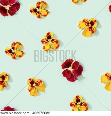 Seamless Pattern With Natural Blossom Flowers Heartsease On Light Green Paper. Small Bright Blooming