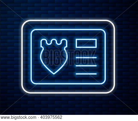 Glowing Neon Line Police Badge With Id Case Icon Isolated On Brick Wall Background. Vector