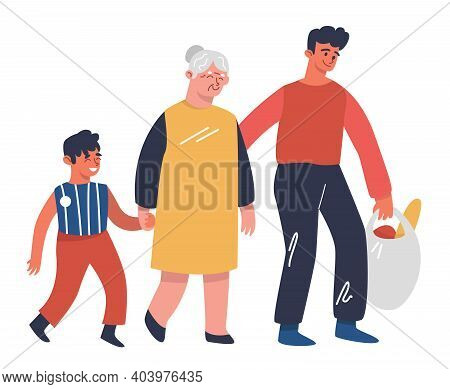 Two Boys Helping Grandmother With Products. Flat Design Illustration. Vector