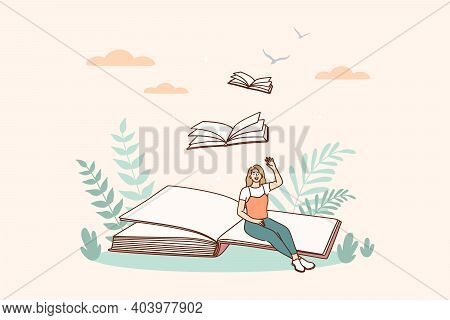 Creative Ideas And Books Message Concept. Smiling Woman Cartoon Character Sitting On Open Book Page 