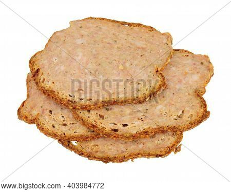 Thin Slices Of Haslet Meat Isolated On A White Background, Haslet Is An English Pork And Herb Meatlo