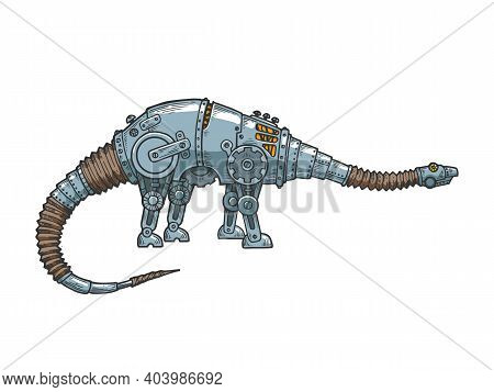Mechanical Diplodocus Dinosaur Animal Color Sketch Engraving Vector Illustration. Scratch Board Styl