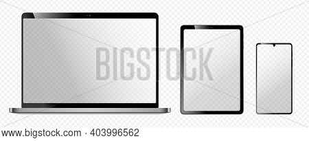 Realistic Electonic Device Mockups, Shiny Laptop, Tablet Computer And Smartphone Vector Illustration
