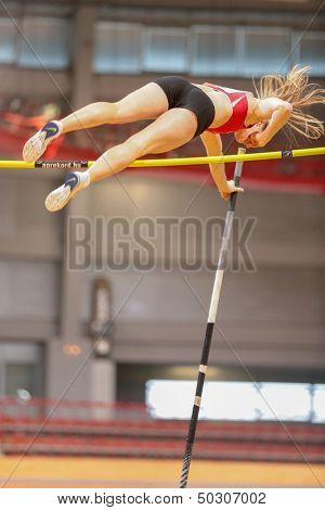 VIENNA, AUSTRIA - JANUARY 29 Line Kloster (#355 Norway) places 3rd in the women's pole vault event on January 29, 2013 in Vienna, Austria.