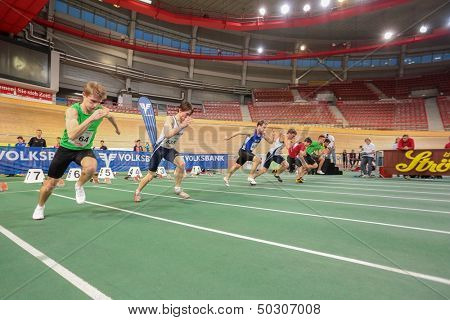 VIENNA, AUSTRIA - JANUARY 29 Paul Schuster (#464 Austria) competes in the men's 60m event on January 29, 2013 in Vienna, Austria.
