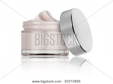 glass jar of beauty cream with cap, isolated 
