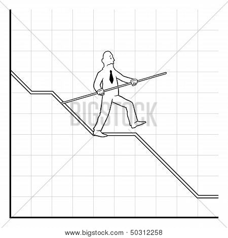 Business man balancing on declining graph