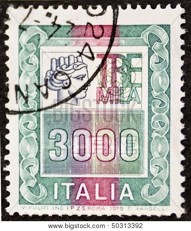 ITALY - CIRCA 1979: a stamp printed in Italy shows Italia Turrita and the indication of an high monetary value. Italy, circa 1979
